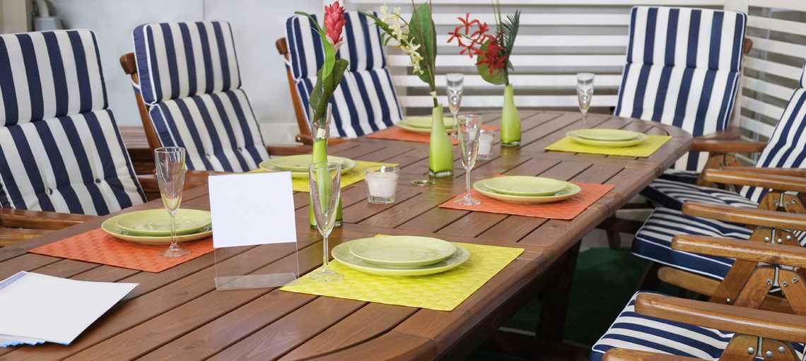 Table and chairs in back garden
