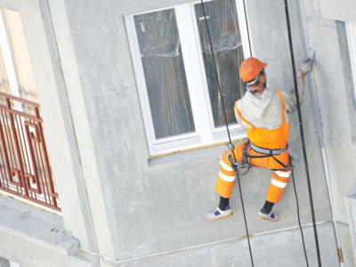man on wire outside building
