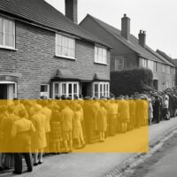 queue of people looking into a house